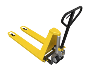 Bright Yellow Pallet Jack: Essential warehouse equipment for efficient material handling, freight transport, and seamless logistics operations. Isolated HD object on transparent background.