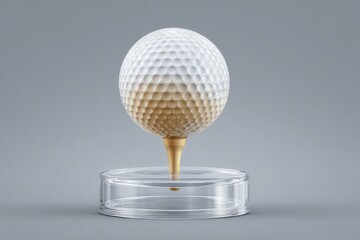 Golf ball on tee, atop a glass pedestal, against a grey backdrop