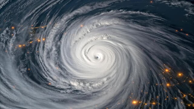 Hurricane cyclone storm spiral cloud satellite view night over ocean severe weather vortex eye, wind energy in remote area and glowing city coast