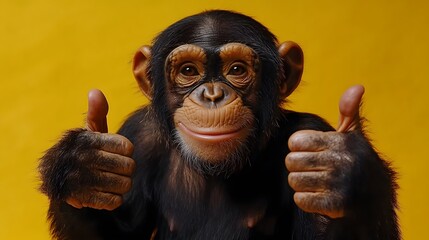 Chimpanzee giving thumbs up against a bright yellow background in a playful display of emotion and intelligence