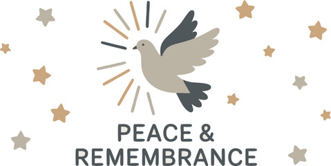 Beige and Dark Blue Dove with Peace and Remembrance Text and Stars Illustration Art
