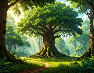 Naklejka premium Lush, sun-drenched forest scene with a grand central tree and winding path.