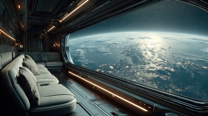 Obraz premium Sleek Space Tourism Cabin with Earth View from Window