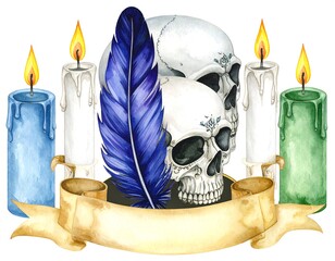Watercolor skulls and candles with feather