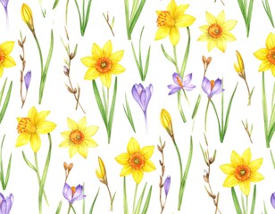 Watercolor spring flowers seamless pattern