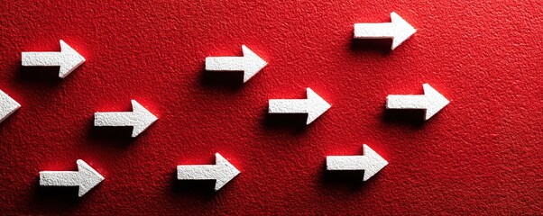Red background with white arrows pointing in different directions, representing selection and focus concept for business strategy, decision making, web design backdrop