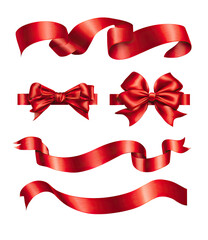 Red satin ribbons and bows. A set of glossy red ribbons and bows.  The ribbons are wavy and have a smooth, satin texture, with highlights suggesting light reflecting off them. 