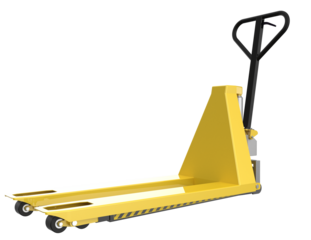 Bright Yellow Pallet Jack: Essential warehouse equipment for efficient material handling, freight transport, and seamless logistics operations. Isolated HD object on transparent background.