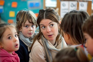 High Quality Picture of Kindergarten Teacher Explaining Something to Her Students