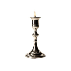A single, polished silver candleholder with a flickering flame