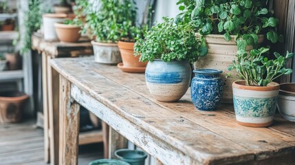 Variety of Fresh Potted Herbs and Plants on a Weathered Outdoor Table