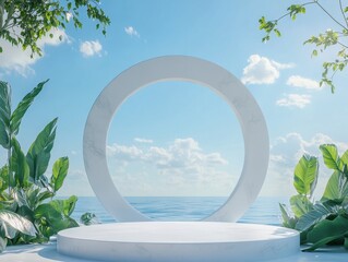 detailed image of splay product podium 3D rendering background blue sky Summer sea poduim travel racked display dais three-dimensional abstract advertising beach leaf beauty blank bright