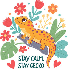 Adorable gecko illustration with flowers and hearts, perfect for children's books and cheerful designs