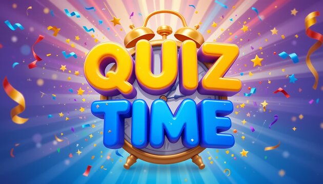 Colorful vibrant quiz time graphic with festive confetti and alarm clock in background