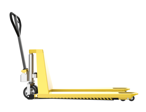 Bright Yellow Pallet Jack: Essential warehouse equipment for efficient material handling, freight transport, and seamless logistics operations. Isolated HD object on transparent background.