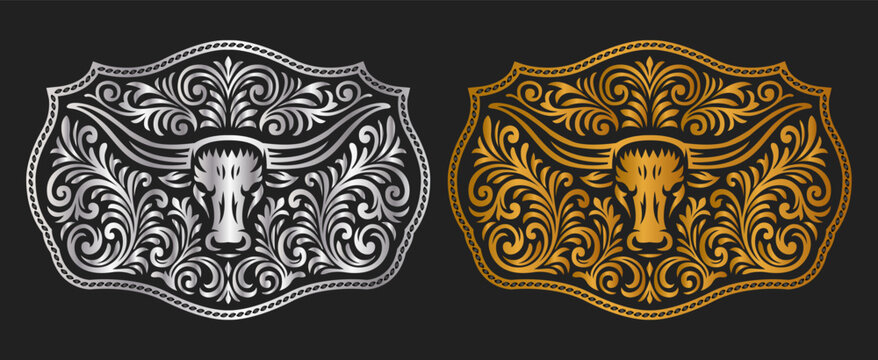 Longhorn Bull Label belt buckle wild west cowboy style tag design gold and silver stylized silhouette Western rodeo vector design.