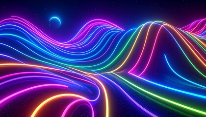 Abstract neon landscape with swirling lines