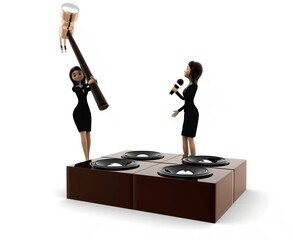 3d woman destroy music speaker with big hammer concept