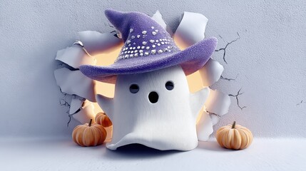 Cute Halloween Ghost with Witch Hat Emerging from Broken Wall, with Pumpkins around