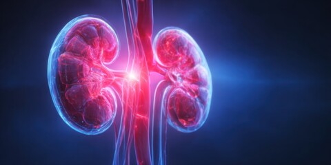 Naklejka premium Anatomical Illustration of Human Kidneys with Red Glowing Arteries on a Dark Blue Background
