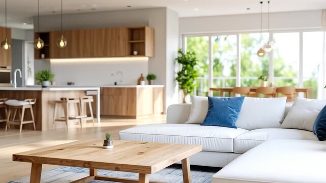 Sunny open-plan interior with a modern kitchen, wooden accents, white sofa, and natural light filtering through large windows