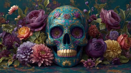 Ornate Sugar Skull Surrounded by Vibrant Flowers, Representing Day of the Dead Celebrations and Artistic Expression
