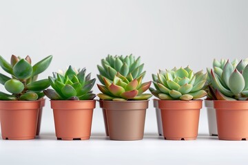 High Detail Image of Group of Succulent Plants in Small Brown Plastic Pots Indoors