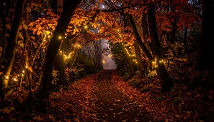 Autumnal forest path at dusk