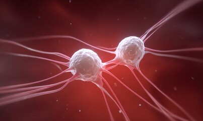 Microscopic view of two spherical cells with long tendrils in a vibrant red background illustrating biological processes