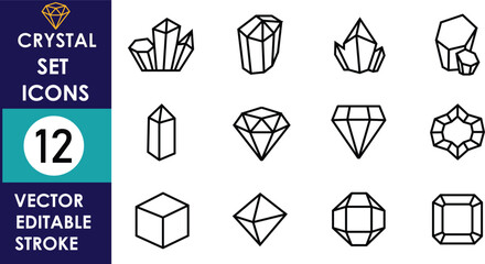 A collection of twelve unique crystal and gemstone vector icons in outline style, showcasing geometric facets, clusters, cubes, and modern editable stroke designs