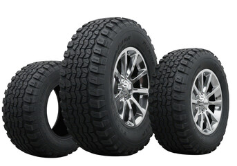 Three offroad tires and rims isolated on transparent background