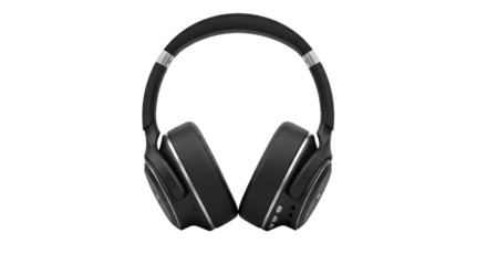 Modern black over ear headphones with silver accents isolated on transparent background