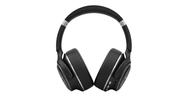 Modern black over ear headphones with silver accents isolated on transparent background