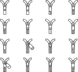 Minimal zipper slider icon set, outline zipper puller vector design, garment closure detail symbols, fashion CAD technical illustration pack
