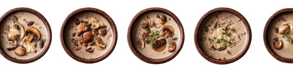 Four bowls of creamy mushroom soup, top-down view