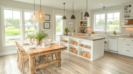 Fototapeta premium Modern Farmhouse Kitchen and Dining Area with Rustic Wood Table