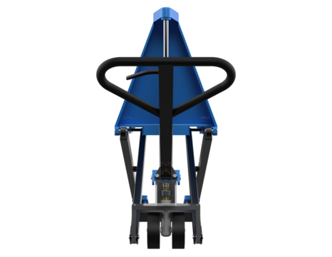 Isolated Scissor Lift Pallet Jack: High Resolution Blue Industrial Equipment for Freight and Distribution. Essential Material Handling Power Lift Device 3D Rendering on Transparent Background.