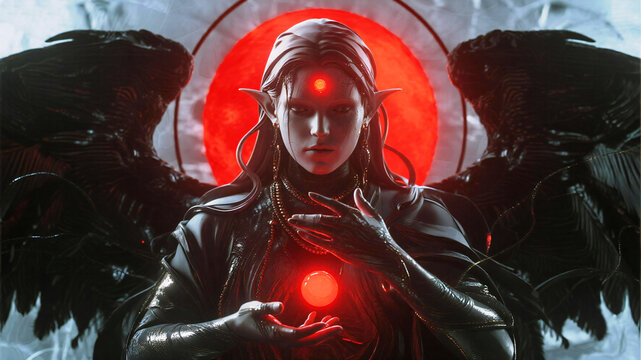 Red Moon Mysterious ethereal being with dark feathered wings and glowing red orb, exuding dark fantasy and gothic allure, perfect for album art, book covers, and occult themes. - Powered by Adobe