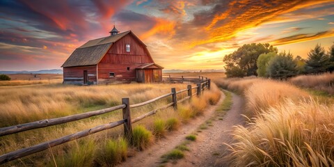 Rustic red barn sits in a golden field under a dramatic, colorful sunset sky with a winding dirt road