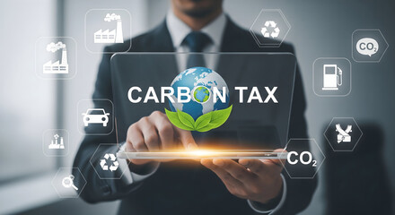 Fototapeta premium Business professional analyzing global carbon tax impact with sustainability icons on digital interface