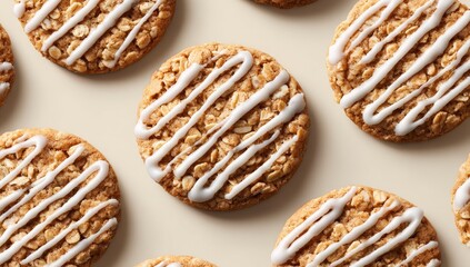 Round oatmeal cookies, frosted with white glaze and oat streaks