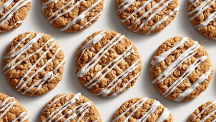 Many round, light brown cookies with white icing stripes