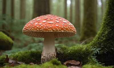 Enchanting fly agaric mushroom glows vividly amidst lush mossy forest floor, capturing nature's magic.