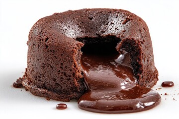 Rich, molten chocolate cake, a round, dark brown dessert with a gooey, melted chocolate center spilling out