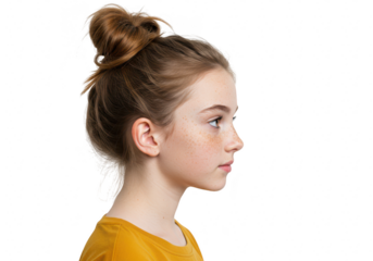 Young girl with hair bun in profile, isolated on transparent background