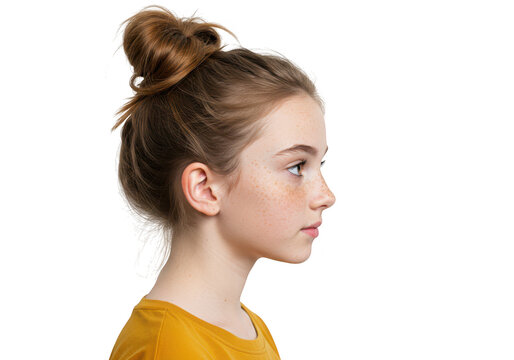 Young girl with hair bun in profile, isolated on transparent background