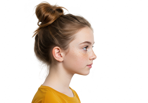 Young girl with hair bun in profile, isolated on transparent background