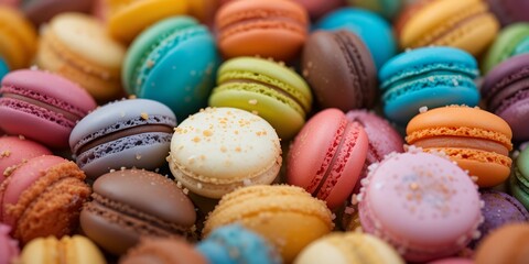 Obraz premium Colorful assortment of delicious macarons arranged closely capturing vibrant shades and textures