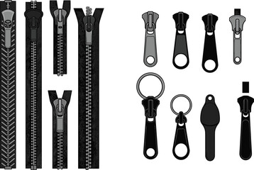 Realistic zipper types vector, fashion zipper puller set, clothing hardware flat design, CAD garment detail, zip fastener technical drawing