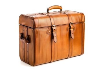 A Vintagestyle Brown Suitcase with a Top Handle and Leather Straps on a White Background